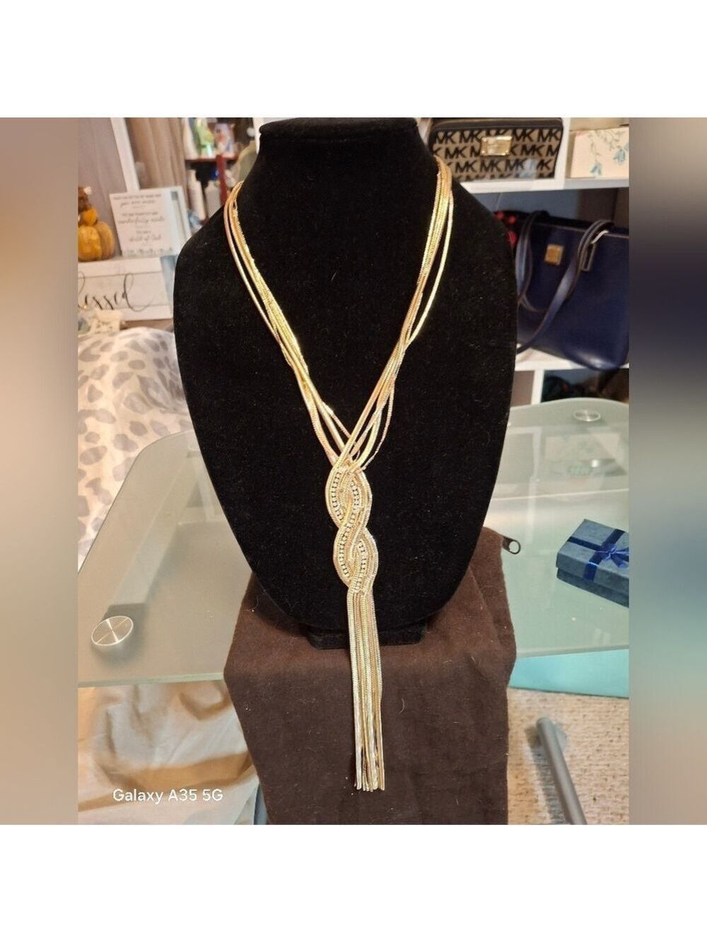 Chico's Elegant Gold and Crystal Beaded Woven Chain Necklace